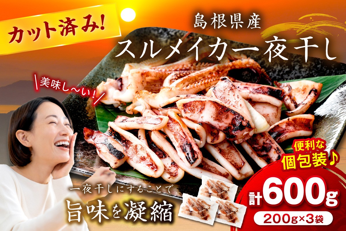 
                  【 お中元 】島根県産スルメイカ一夜干しカット済 計600g（小分け200g×3袋） 小分け 干物 一夜干し イカ 魚介類 スルメイカ 【005_2059】
                