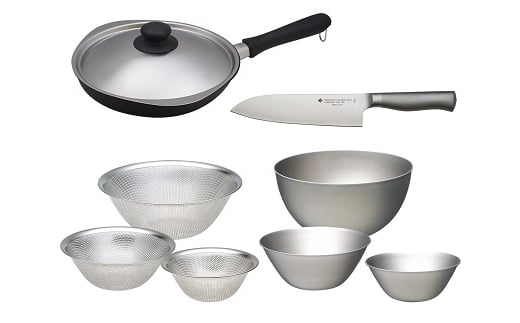 キッチンナイフ18cm & マグマプレート加工フライパン25cm (蓋付き) & ボウル・パンチング6点 セット FC060036