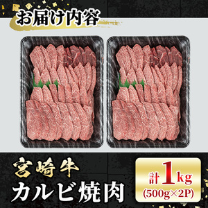 宮崎牛 カルビ焼肉(1kg・500g×2P) 牛肉 肉 ブランド牛  冷凍 国産 精肉 お取り寄せ 黒毛和牛 宮崎県 BBQ【LJ011】【レグセントジョイラー株式会社】