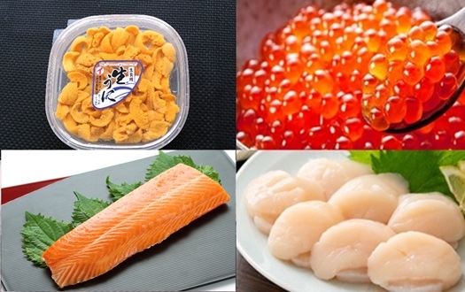 
                  E-71045 エゾバフンウニ塩水パック100g×1P、いくら醤油漬け(鱒卵)100g×1P、お刺身ホタテ貝柱300g×1P、お刺身サーモン300g～500g(1～3本)[11月下旬以降発送]
                