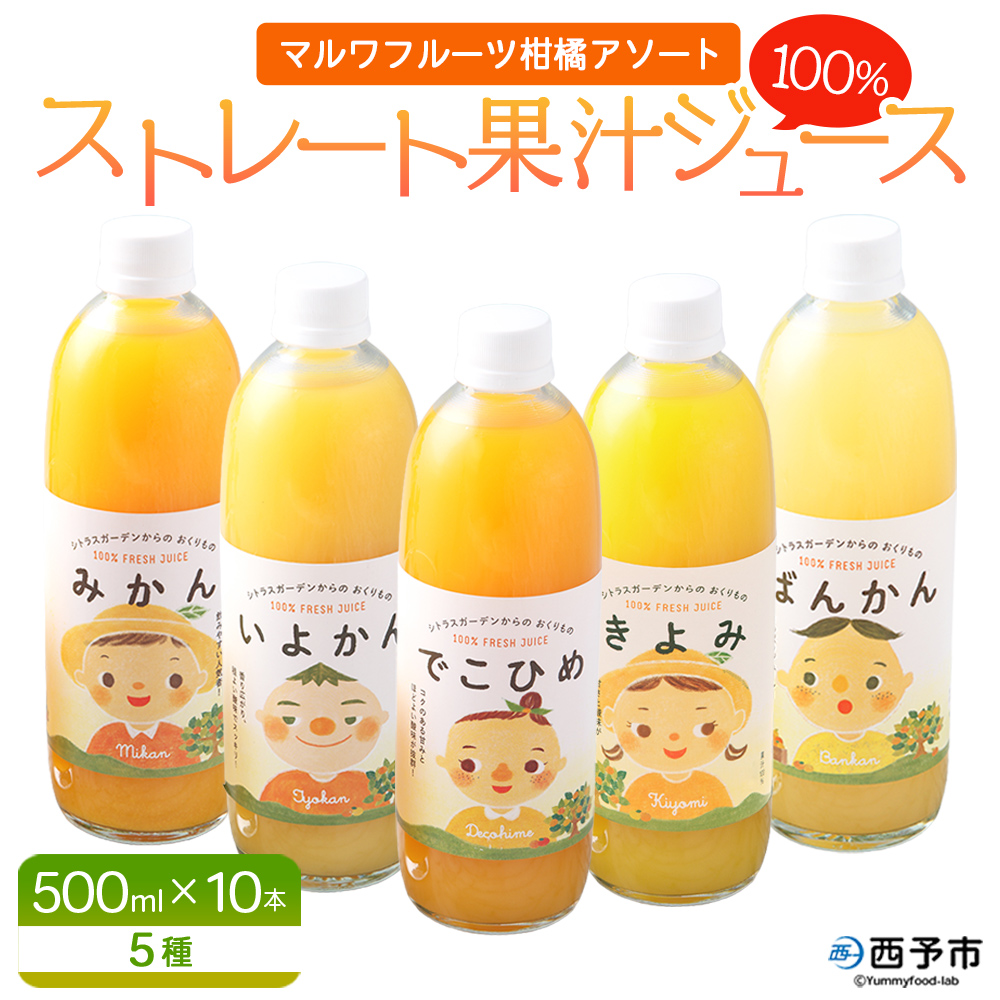 ＜マルワフルーツ柑橘アソート 100％ストレート果汁ジュース (500ml×10本) ＞ 詰め合わせ セット みかん 柑橘 フルーツ 温州みかん 伊予柑 清見 デコヒメ 河内晩柑 特産品 宇都宮物産 