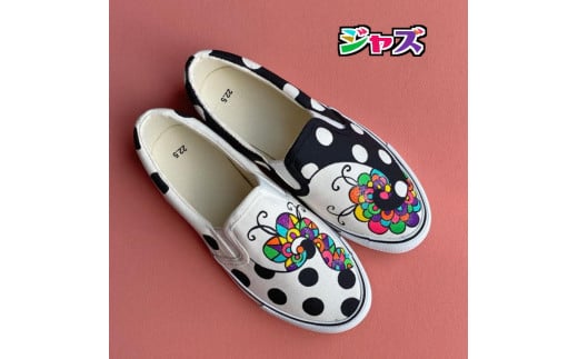 手描きスニーカー「ジャズ」22.5cm 水玉模様 アシンメトリー【受注制作】