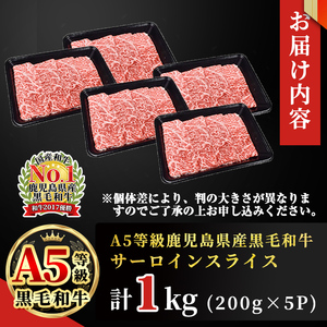 【2024年4月末までに配送】「牛肉の王様」A5等級鹿児島県産黒毛和牛サーロインスライス1kg(200g×5パック)！ b7-015-2404