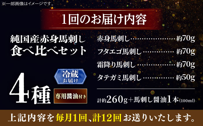 【全12回定期便】【冷蔵】純国産馬 馬刺し食べ比べセット計約260g 馬刺し専用醤油付き(赤身/約70g フタエゴ/約70g 霜降り/約70g タテガミ/約50g) / ばさし 馬刺 熊本馬刺し 熊本