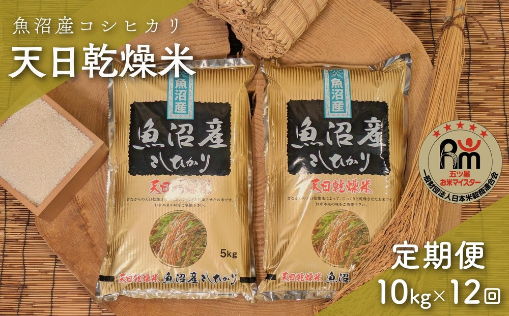 【新米】【毎月定期便】令和７年産「五つ星お米マイスター」厳選　天日干し魚沼産コシヒカリ　精米10kg（5kg×2個）×12回