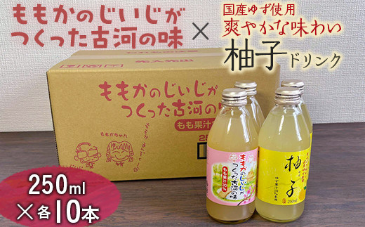 
【飲み比べ】ももかのじいじがつくった古河の味×国産ゆず使用爽やかな味わい柚子ドリンク 250ml×各10本入 ※着日指定不可 | ドリンク 飲み比べ 桃 柚子 もも モモ ゆず ユズ ジュース びん ビン 飲料 ご当地ドリンク 飲みくらべ 取り寄せ お取り寄せ ご家庭用 手土産 美味しい すっきり ギフト 厳選 贈答 贈り物 お中元 夏ギフト プレゼント 茨城県 古河市 送料無料 _EG03
