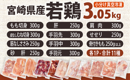 宮崎県産若鶏まるごと3.05kgセット_14-M601_(都城市) 宮崎県産若鶏 真空パック もも切身 むね切身 筋なしささみ 砂肝 肝 手羽先 手羽中 手羽元 肩肉 小肉 骨付きもも