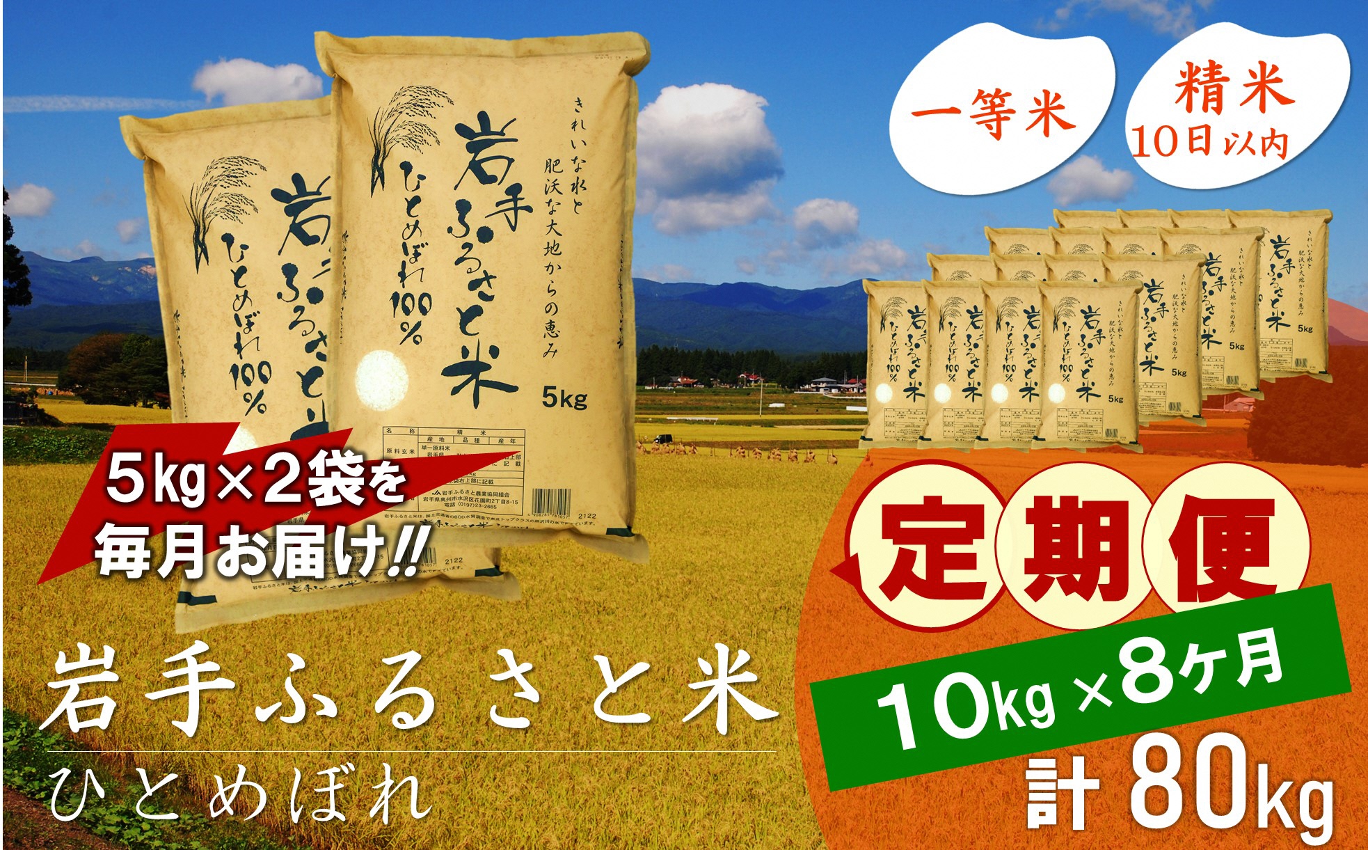 3人に1人がリピーター!☆全8回定期便☆ 岩手ふるさと米 10kg(5㎏×2)×8ヶ月 令和6年産 一等米ひとめぼれ 東北有数のお米の産地 岩手県奥州市産【配送時期に関する変更不可】 [U0167]