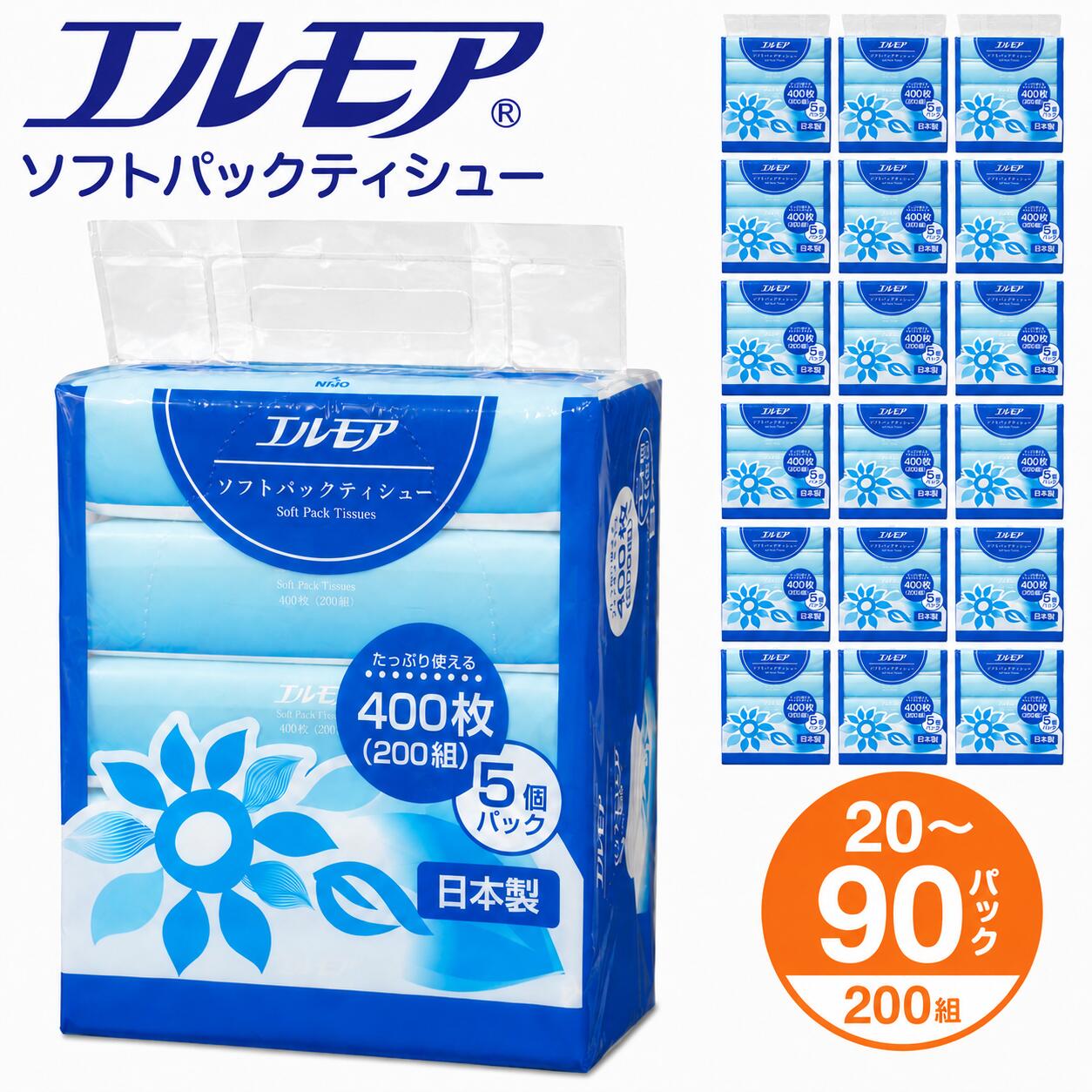 【ふるさと納税】エルモア ティッシュペーパー ソフトパック 着日指定 ティッシュ ソフト 400枚 200組 90パック 50パック 20パック ティシュ ティシュー 大容量 日用品 まとめ買い エコ シンプル 箱なし コンパクト 国産 ピュアパルプ 100% 日用雑貨 備蓄 便利 おすすめ