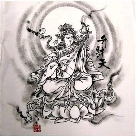 手描きTシャツ 仏画 弁財天 白 (半袖 Sサイズ)【1615612】
