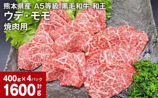 
熊本県産 A5等級 黒毛和牛 和王 ウデ・モモ 焼肉用 400g×4パック 計1600g
