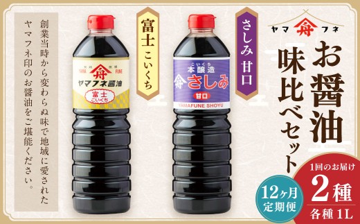 【12ヶ月定期便】お醤油2種味比べセット 各1L 計2L 計12回 濃口醤油 富士 さしみ甘口 セット おさしみ醤油 刺し身醤油 料理 しょうゆ 醤油 調味料 濃い口 大分県 九重町