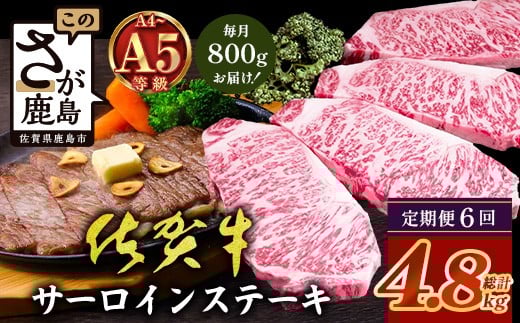 
            【定期便6回配送】＼極上のご褒美肉！／佐賀牛サーロインステーキ 200g×4枚 全6回配送 計4,800g｜A5・A4等級 厳選黒毛和牛 とろける霜降り 高級ステーキ 贈答 ギフト対応可 定期便 定期配送 国産牛 佐賀県鹿島市 送料無料 V-74
          