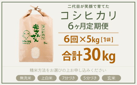 【令和7年産・新米】【6ヶ月連続お届け】 (無洗米) 二代目が笑顔で育てた コシヒカリ 5kg × 6回 計30kg ～福井県産 生産者直送！～ 【定期便 お米 こしひかり ぶつき米 無洗米 玄米 ブ