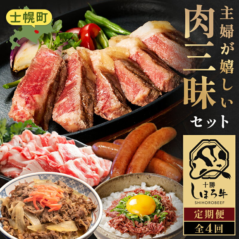 【ふるさと納税】 定期便 北海道 主婦が嬉しい肉三昧 全4回 しほろ牛 サーロインステーキ ガパオ アイス 牛丼 コンビーフ カムカムステーキ ハンバーグ メンチカツ コロッケ ポテト 切り落とし 牛肉まん ソーセージ 牛肉 スイーツ 道の駅 送料無料 十勝 士幌町 70000円