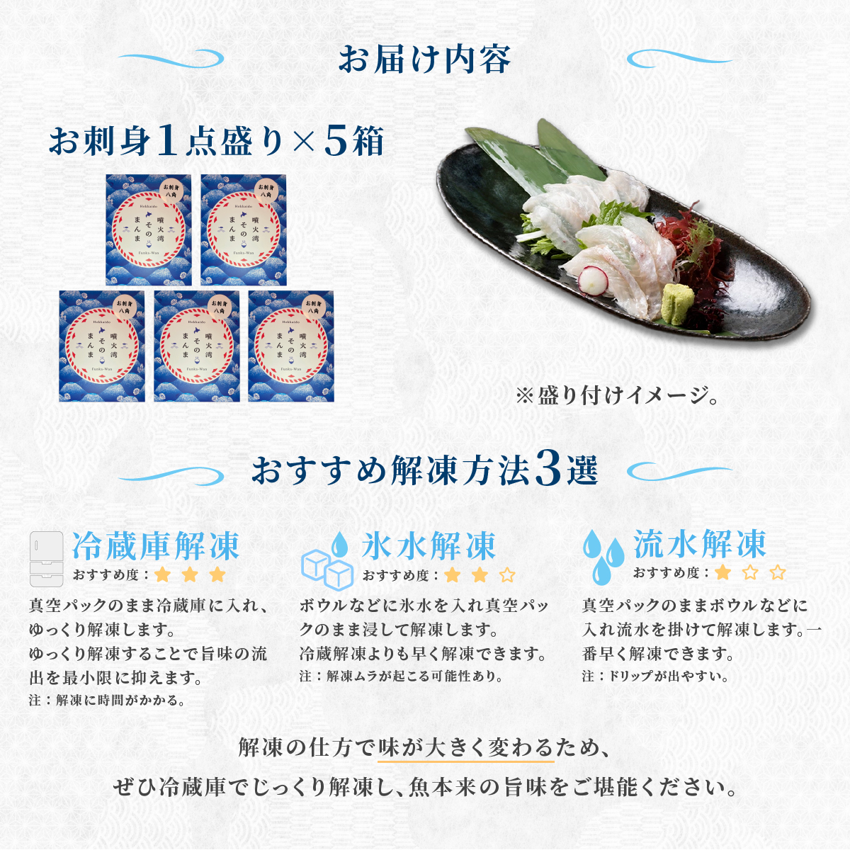 噴火湾そのまんま お刺身1点盛り(わさび・醤油付き)5箱 旬菜一鮮 だて大和屋 厳選 魚介 海鮮 刺身 刺し身 小分け 新鮮 魚介類 魚貝類 加工食品 贈答 ギフト 贈り物 ご褒美_イメージ4