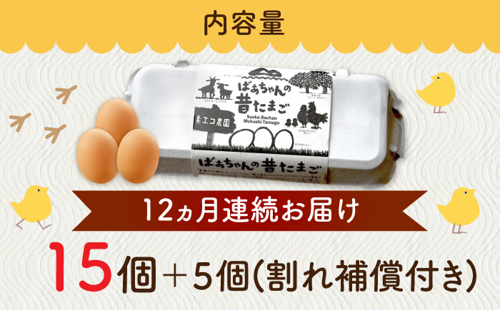 【全12回定期便】ばあちゃんの昔たまご 計240個（15個+5個×12回（割れ補償付き）） / 平飼い卵 / 佐賀県 / 素ヱコ農園 [41AEAA006]