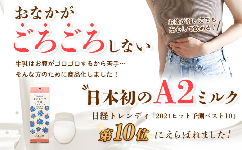 【定期便：全3回】なかしべつ牛乳プレミアム NA2 MILK 1000ml×12本【14032】