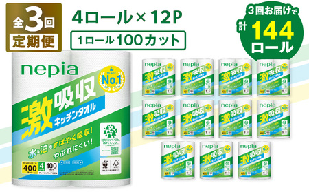 【 全3回 定期便 】 紙 のまち苫小牧 王子ネピア 激吸収 キッチンタオル 100（48ロール×3回） T001-T01 キッチンペーパー キッチン タオル ペーパー ペーパータオル 2枚重ね コンパクト 長持ち ミシン目 厚手 吸収力 吸水 フレッシュパルプ ネピア nepia 日用品 消耗品 キッチン用品 料理 掃除 まとめ買い 大容量 定期 開発ストア ふるさと納税 北海道 苫小牧市 おすすめ ランキング プレゼント ギフト