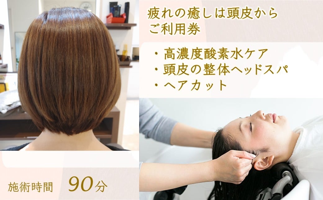 
            「疲れの癒しは頭皮から」ご利用券  ヘッドスパ 高濃度酸素水ケア ヘアカット 90分コース
          