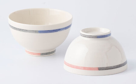 【眞珠陶磁器工房】線彫象嵌 ペア飯碗 大小セット（緑・赤）[UEY001]