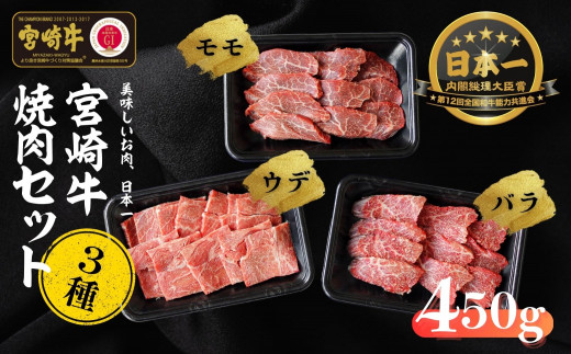 
宮崎牛 焼肉セット (ウデ、バラ、モモ) 450g S-22
