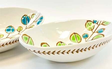 九谷焼 楕円ペア鉢 若葉 2個セット 伝統 工芸品 装飾品 盛り鉢 テーブルウェア 食器 プレゼント ギフト 贈り物 石川県 加賀市 F6P-2863