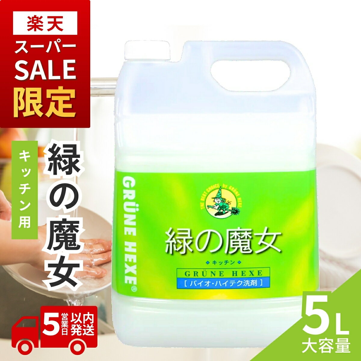 【ふるさと納税】楽天スーパーセール限定 食器用洗剤 緑の魔女 キッチン 5L (5L×1本) | 食器用洗剤 台所用洗剤 食器洗剤 台所洗剤 液体洗剤 食器用液体洗剤 キッチン パイプ パイプクリーナー 排水口 環境配慮 植物由来 天然素材 ヤシ油 エコ 油 詰替え 茨城県 龍ケ崎市