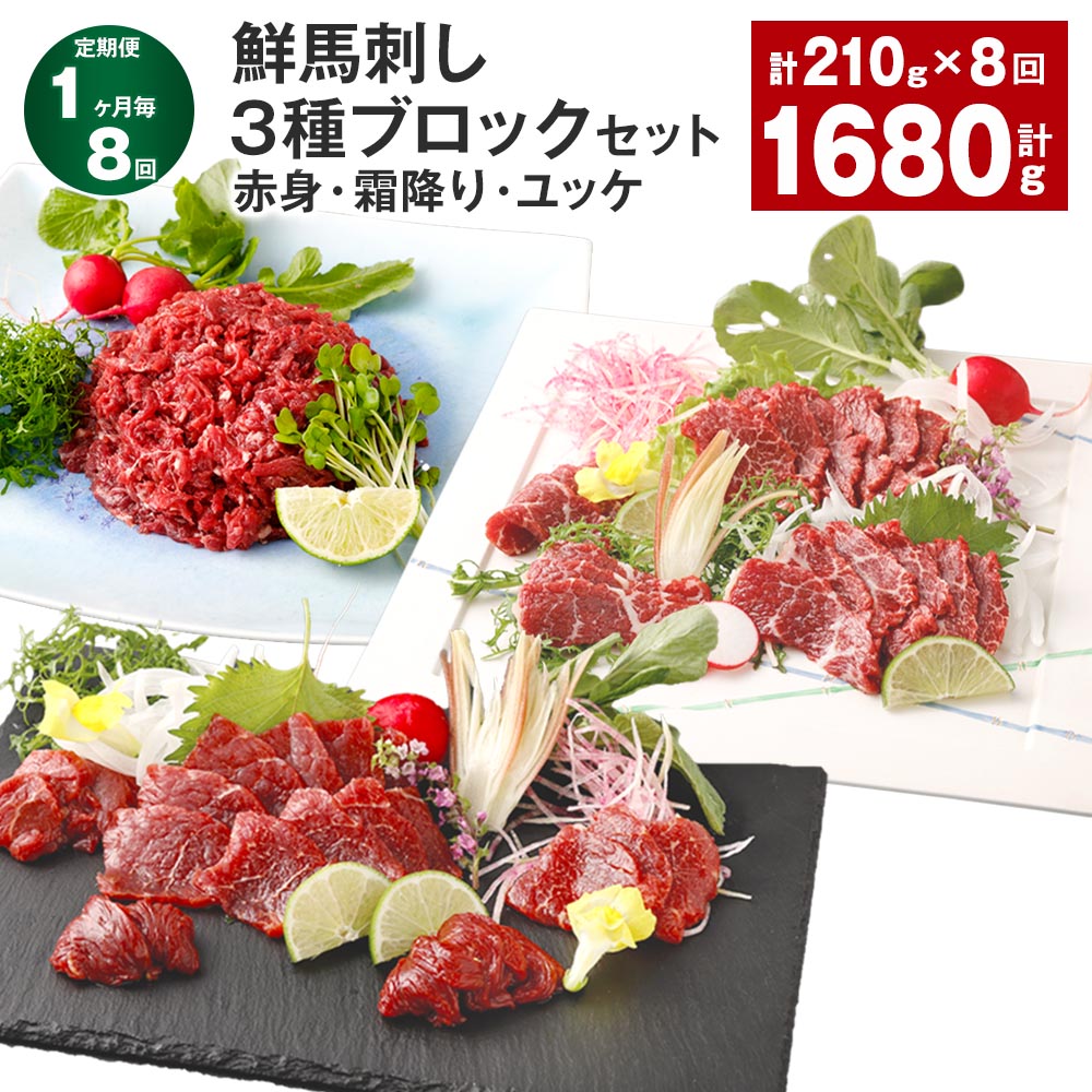 【ふるさと納税】【定期便】【1ヶ月毎8回】鮮馬刺し 3種ブロックセット（赤身・霜降り・ユッケ） 計1.68kg（210g×8回） 馬刺し 馬肉 お肉 肉 タレ付き 冷凍 熊本県 高森町 送料無料