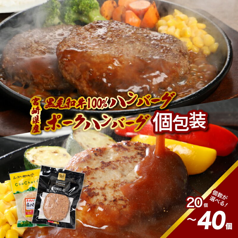 【ふるさと納税】宮崎県産黒毛和牛100％ハンバーグ個包装(冷凍)・ 宮崎県産ポークハンバーグ個包装(冷凍) - 国産 牛肉ハンバーグ 豚肉ハンバーグ 季じょん山豚 ブランドポーク 加工品 焼くだけ 冷凍ハンバーグ 食べ比べセット 2種類 詰め合わせ 送料無料 【宮崎県木城町】