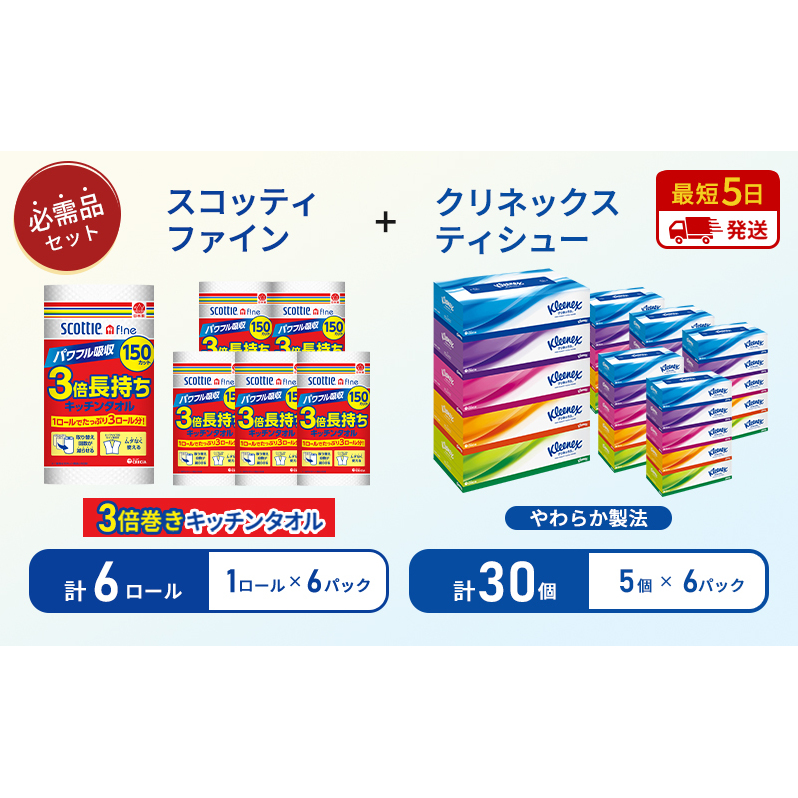 【 岩沼市オリジナル 】ティッシュ クリネックス 5箱入 × 6パック キッチンペーパー 6パック入 キッチンタオル スコッティ ファイン 1 ロール 3倍 150カット