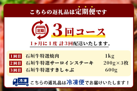 【全3回 定期便A】 石垣牛特選　焼肉・サーロインステーキ・すきしゃぶ　計2.2kg （いしなぎ屋）【 特選肉 肉 高級 黒毛和牛 和牛 牛 サーロイン ステーキ すき焼き しゃぶしゃぶ】AB-29