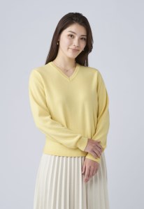 日本製 カシミヤ100% レディース Vネック イエロー Mサイズ [2562]