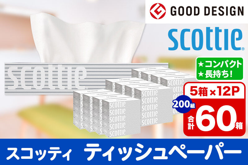 ティッシュペーパー スコッティ 200組 60箱(5箱×12パック) ティッシュ 日用品 最短翌日発送【レビューキャンペーン中】