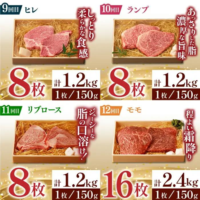 【全12回定期便】ステーキ極旨コース 総計23.4kg / モモ リブロース イチボ サーロイン ランプ ヒレ レモンステーキ / 肉 牛肉 焼肉 / 波佐見町 / 野中精肉店 [VF84]