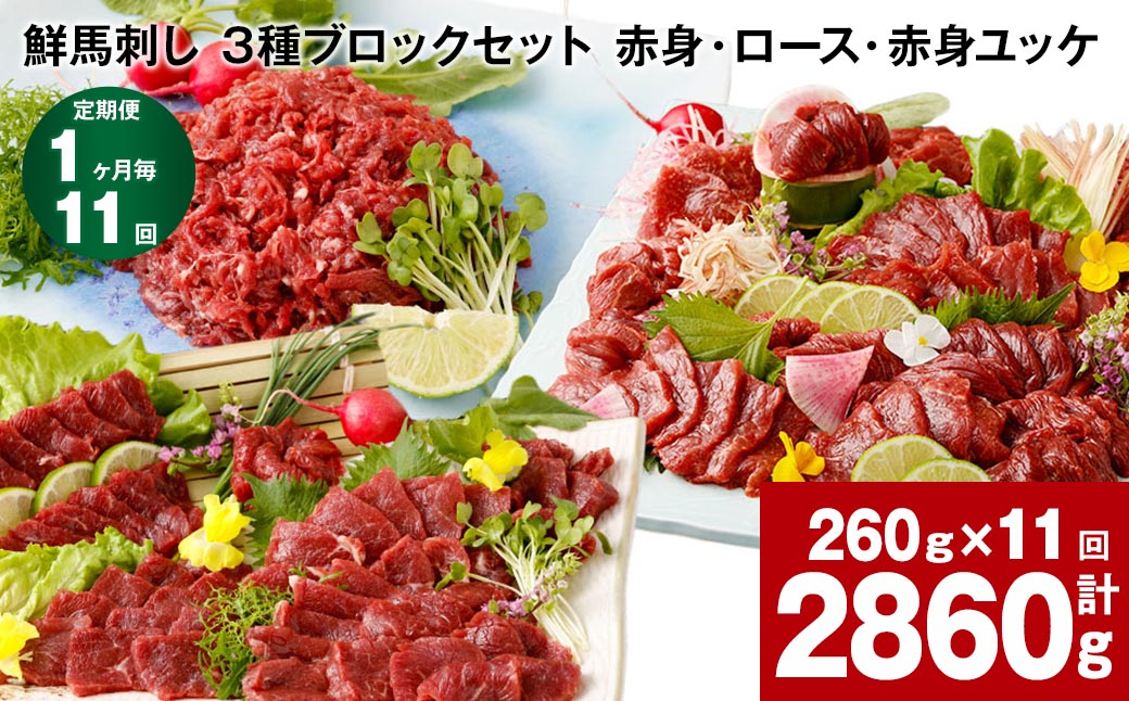 
            【1ヶ月毎11回定期便】鮮馬刺し 3種ブロックセット（赤身・ロース・赤身ユッケ）
          