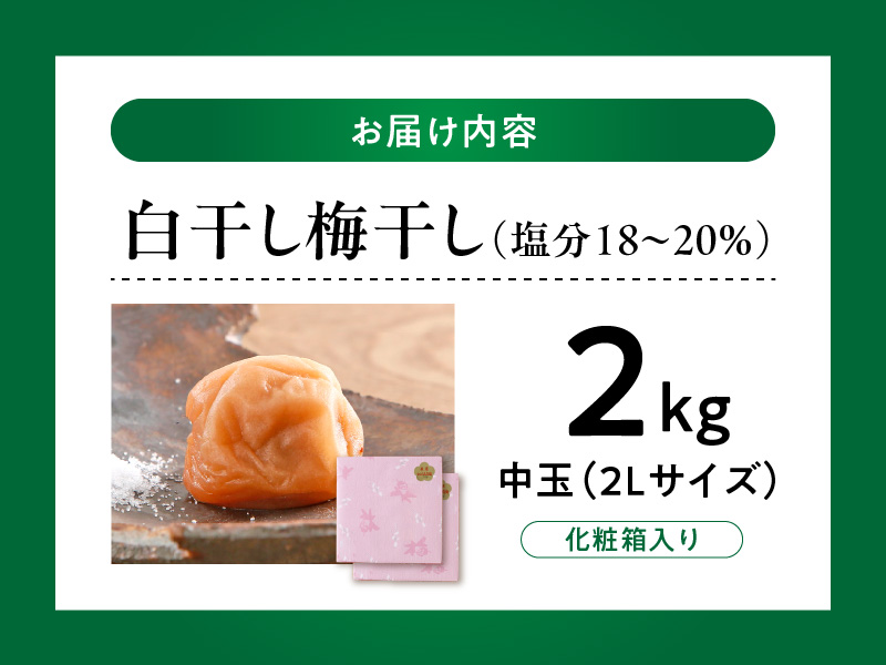 V7464_【1kg×2箱セット】白干し梅干し2kg[中玉]2Lサイズ　紀州南高梅　和歌山産(化粧箱入)/紀伊国屋文左衛門本舗 うめぼし 和歌山 南高梅