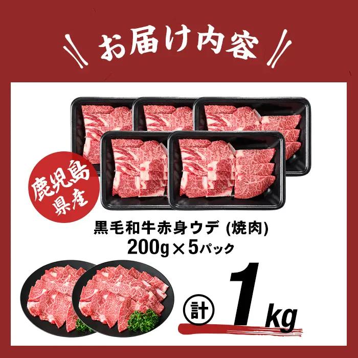 鹿児島県産黒毛和牛赤身ウデ焼肉 (計1kg・200g×5P) 黒毛和牛 国産 肉 牛肉 赤身 ウデ肉 鹿児島 小分け 焼き肉 炒め物 冷凍 a5-379