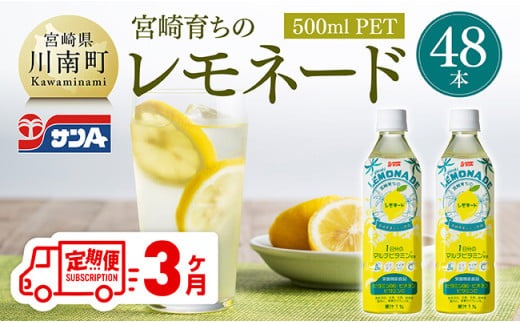 【3ヶ月定期便】サンA宮崎育ちのレモネード500mlＰＥＴ　24本入り×2ケース【 全3回 飲料 栄養機能食品 レモン 檸檬 マルチビタミン配合 セット ジュース PET 長期保存 備蓄 送料無料】 [C03016t3]