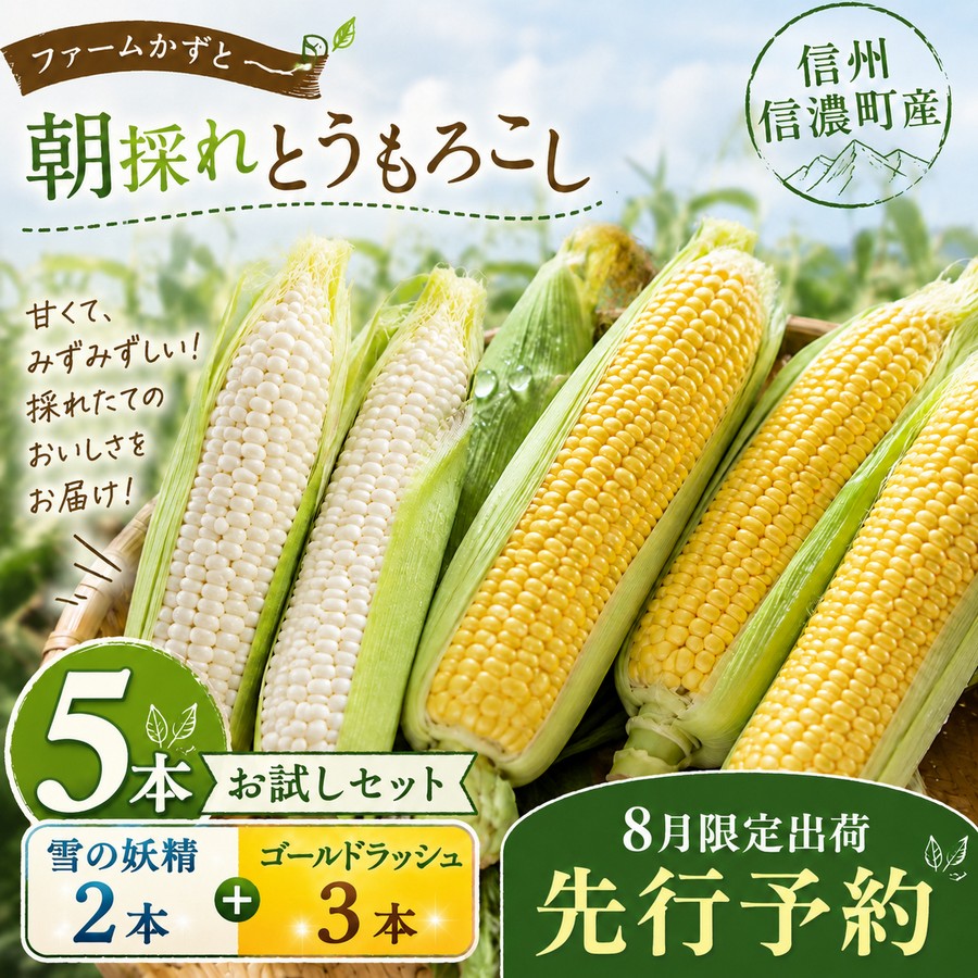【ふるさと納税】《先行予約》ホワイトコーン｢雪の妖精｣イエローコーン｢ゴールドラッシュ｣ 5本セット 生で食べられる とうもろこし 《8月上旬-8月下旬頃出荷予定》 ファームかずと【長野県信濃町ふるさと納税】