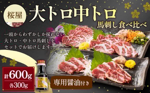 【桜屋】大トロ 中トロ 馬刺し 各300g 食べ比べ 計600g（専用醤油付き150ml×1本） 馬肉 馬刺 トロ タレ付き セット 冷凍 熊本県 湯前町