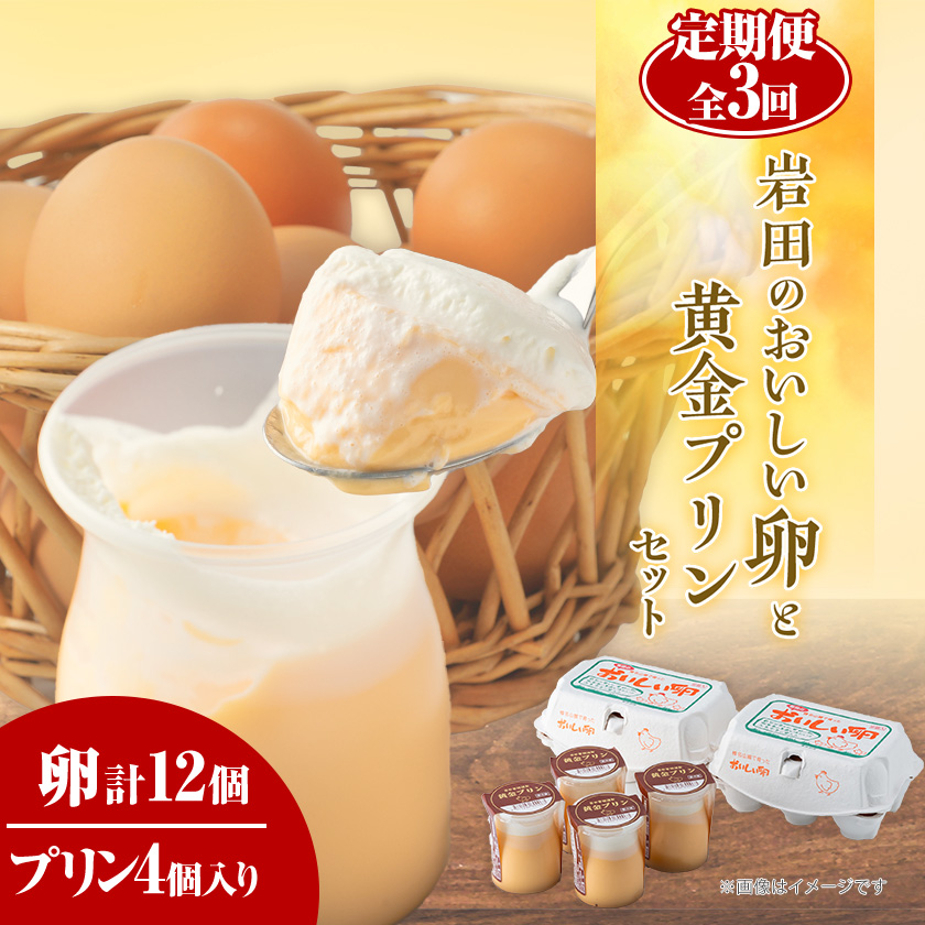 【毎月定期便】岩田のおいしい卵と 黄金プリンのセット全3回【配送不可地域：離島・北海道・沖縄・中国・四国・九州】【4079451】