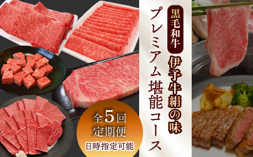 全5回定期便 黒毛和牛 伊予牛 絹の味 ★毎月の楽しみ★ プレミアム堪能コース　愛媛県西条市 青野精肉店 【配送日時指定可・冷蔵】 ※関東以北・沖縄へのお届けは冷凍  | 黒毛和牛 A4～A5 お肉 牛肉 国産肉 国産牛肉 肉 和牛 おにく グルメ お取り寄せ おすすめ 国産 愛媛県 西条市 すき焼き ステーキ サーロイン 焼肉 しゃぶしゃぶ