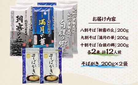 北海道産 高級そば3種 八割 九割 十割 各200g×2束 & そばがき 2袋  セット 6束 12人前北海道幌加内   麺類 幌加内産 100％使用 そば湯 お酒 おつまみ お茶うけ そばつゆ そば