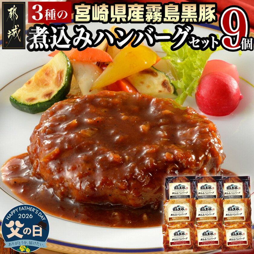【ふるさと納税】【父の日】霧島黒豚 3種の煮込みハンバーグギフト≪6月18日〜21日お届け≫ - デミグラスソース 和風おろしソース 大人の照焼きソース 父の日 ギフト プレゼント 贈答用 期間限定 送料無料 AA-2804-FG【宮崎県都城市は2年連続ふるさと納税日本一！】