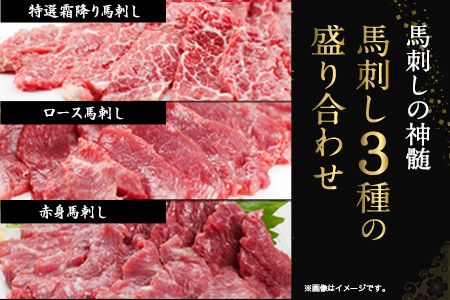 馬刺し3種の盛り合わせ【特選霜降り馬刺し100g/ロース馬刺し100g/赤身馬刺し100g×2】+タレ100ml付き《90日以内に出荷予定(土日祝除く)》 熊本県 葦北郡 津奈木町