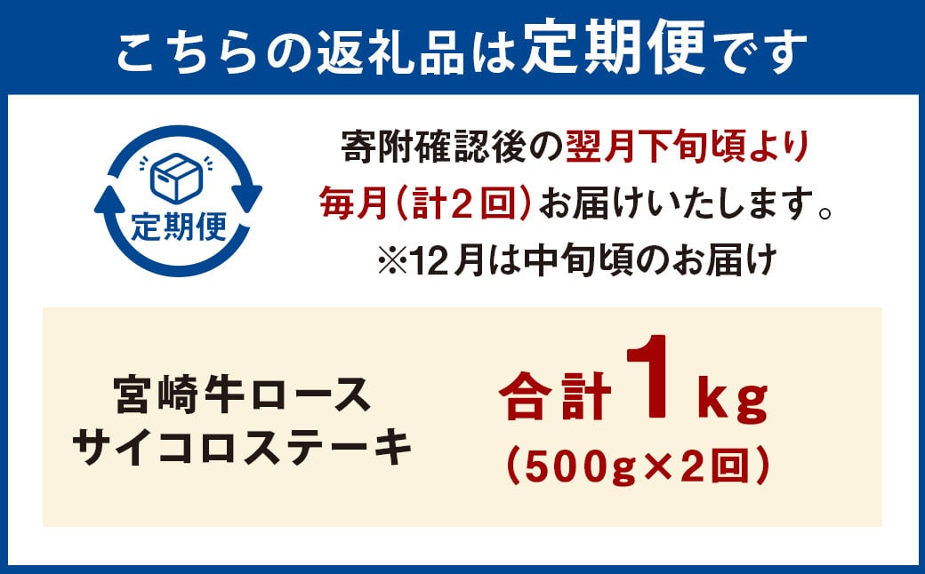【2ヶ月定期便】＜宮崎牛ロースサイコロステーキ 500g（1パック：500g×2回）＞ お申込みの翌月下旬頃に第一回目発送（12月は中旬頃） 牛肉 お肉 肉 和牛 新生活応援 卒業祝い 就職祝い 入学
