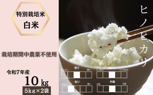 ＜令和7年産＞佐賀県産特別栽培米ヒノヒカリ 白米10kg（栽培期間中農薬不使用） / 佐賀県 /株式会社しもむら農園  [41AHAH006]