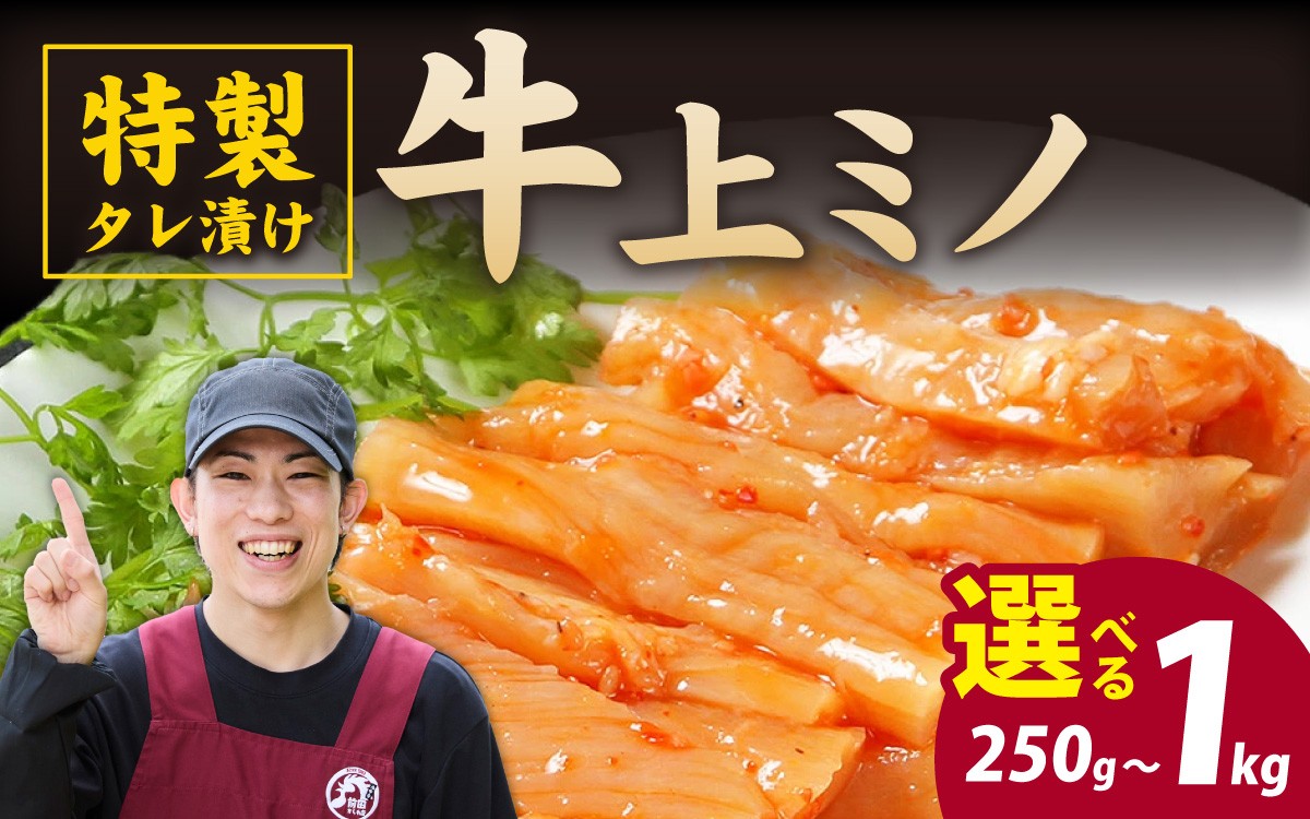 
                  選べる内容量　豪州産 特製タレ漬け 牛上ミノ 250g～1kg
                