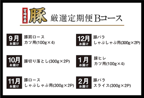 《期間・数量限定》厳選!宮崎県産豚 定期便 Bコース 《2024年3月から毎月お届け!》 全12回 |豚肉 豚 ぶた 肉 国産 切り落とし ロースしゃぶしゃぶ ロースカツ 肩ロース焼肉 バラ焼肉